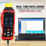 THE-373 K/J Datalogger Thermocouple Thermometer -200~1372°C (-328~2501°F),  4-Channel Display, Real-Time Data Logging, Audible and Visible Alarm, and ADJ Compensation