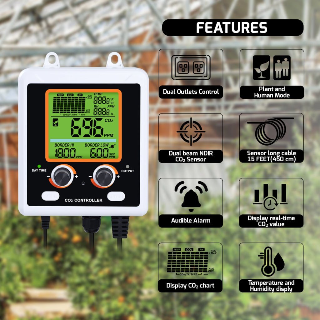 AQM - 419_US AQM - 419 Dual - Output CO2 Controller Carbon Dioxide Monitor with Day & Night Auto Detection, Temperature and Humidity Measurement, 15ft Remote NDIR CO2 Sensor, and Trend Chart for Greenhouses, Offices, Factories, Homes, etc. - Gain Express AQM - 419_US AQM - 419 Dual - Output CO2 Controller Carbon Dioxide Monitor with Day & Night Auto Detection, Temperature and Humidity Measurement, 15ft Remote NDIR CO2 Sensor, and Trend Chart for Greenhouses, Offices, Factories, Homes, etc. - Gain Express