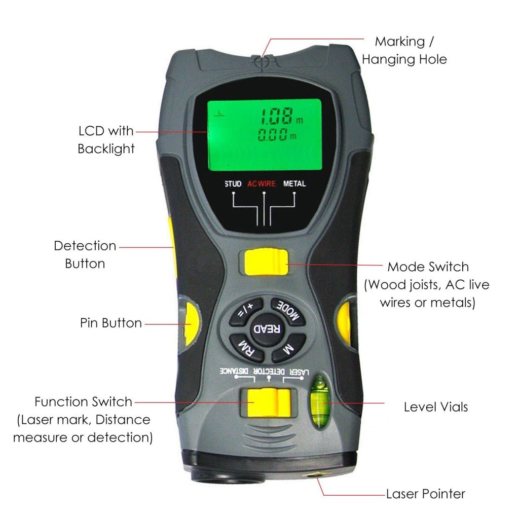 CK - 109G CK - 109G 5in1 Digital Distance Meter Stud Scanner Metal Live Wire Detector & Laser Marker CE Marking - Gain Express CK - 109G CK - 109G 5in1 Digital Distance Meter Stud Scanner Metal Live Wire Detector & Laser Marker CE Marking - Gain Express
