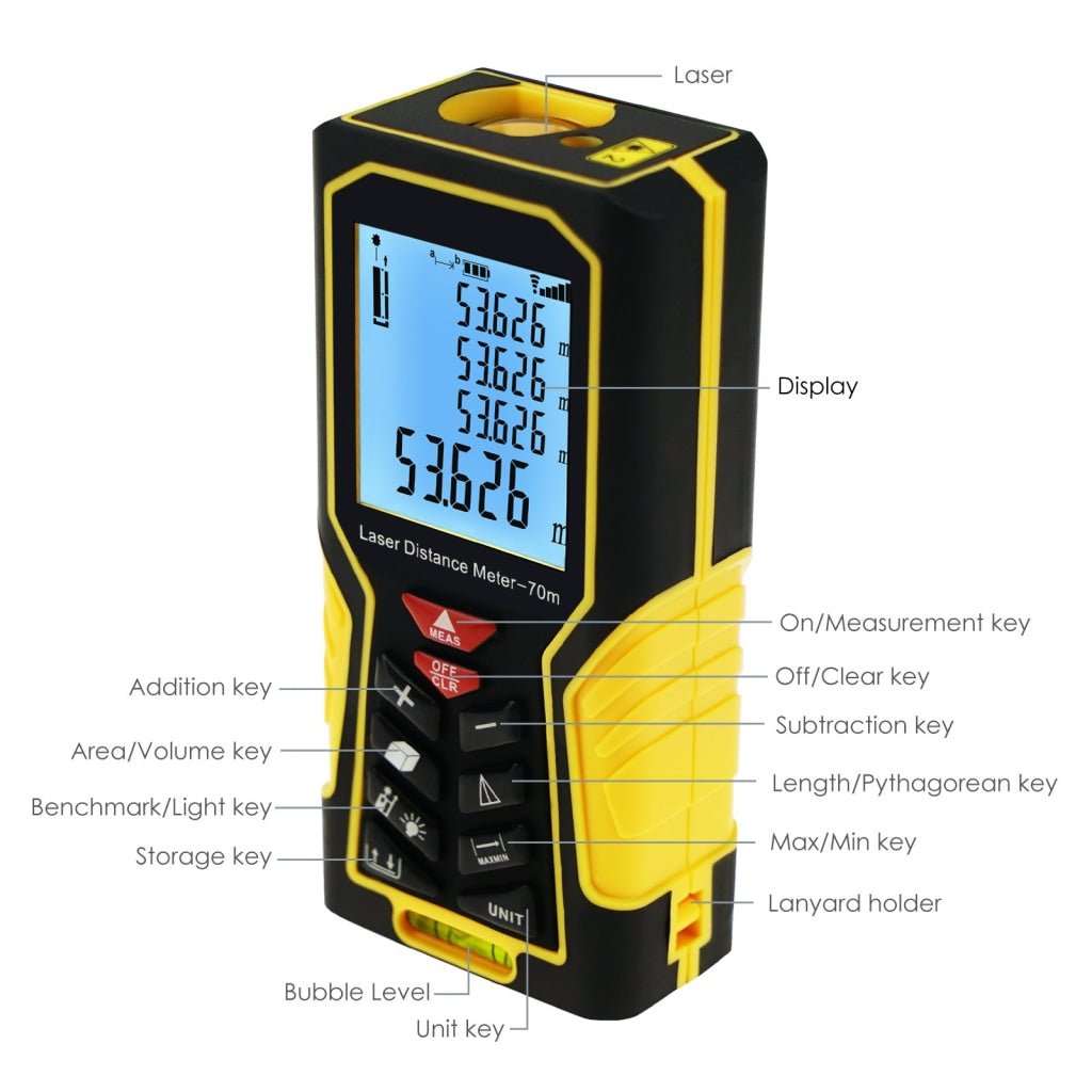 DIS - 61 DIS - 61 Digital Laser Distance Meter 70m (229ft) Handheld Range Finder Area & Volume Measuring Tools Meter Tester with Backlight and Spirit Bubble Level, ±1mm accuracy - Gain Express DIS - 61 DIS - 61 Digital Laser Distance Meter 70m (229ft) Handheld Range Finder Area & Volume Measuring Tools Meter Tester with Backlight and Spirit Bubble Level, ±1mm accuracy - Gain Express