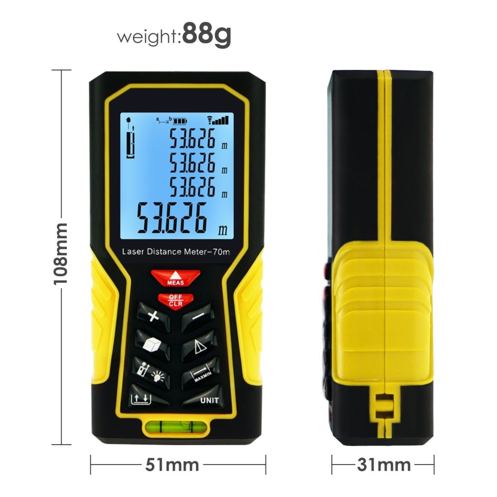 DIS - 61 DIS - 61 Digital Laser Distance Meter 70m (229ft) Handheld Range Finder Area & Volume Measuring Tools Meter Tester with Backlight and Spirit Bubble Level, ±1mm accuracy - Gain Express DIS - 61 DIS - 61 Digital Laser Distance Meter 70m (229ft) Handheld Range Finder Area & Volume Measuring Tools Meter Tester with Backlight and Spirit Bubble Level, ±1mm accuracy - Gain Express