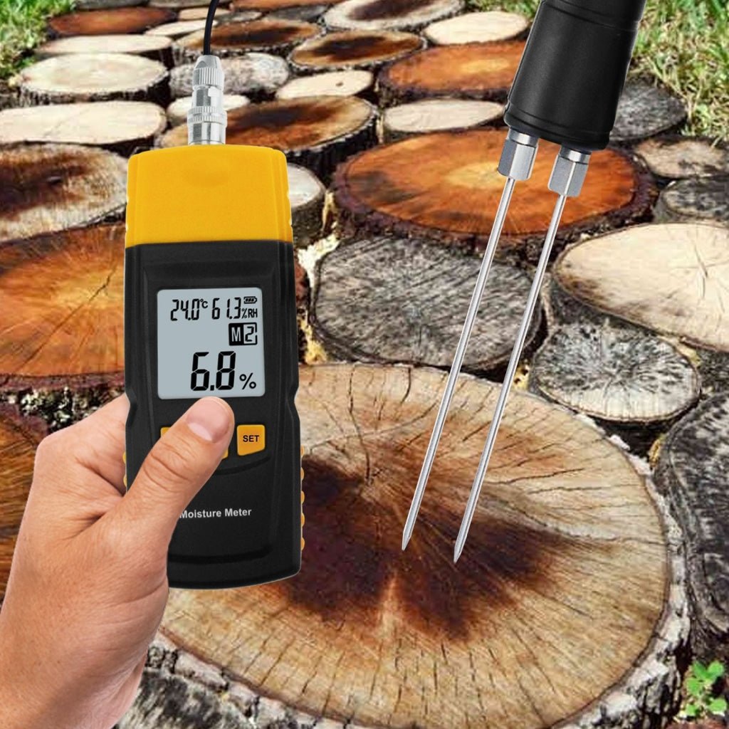 HTM - 41 HTM - 41 Digital Wood Moisture Meter 2~70% Humidity 20~90% RH Temperature - 10~60°C (14~140°F) Tester, Timber, Damp Detector Portable, Measure Water Percentage in Sheetrock, Bamboo, Paper, Soft Wood - Gain Express HTM - 41 HTM - 41 Digital Wood Moisture Meter 2~70% Humidity 20~90% RH Temperature - 10~60°C (14~140°F) Tester, Timber, Damp Detector Portable, Measure Water Percentage in Sheetrock, Bamboo, Paper, Soft Wood - Gain Express