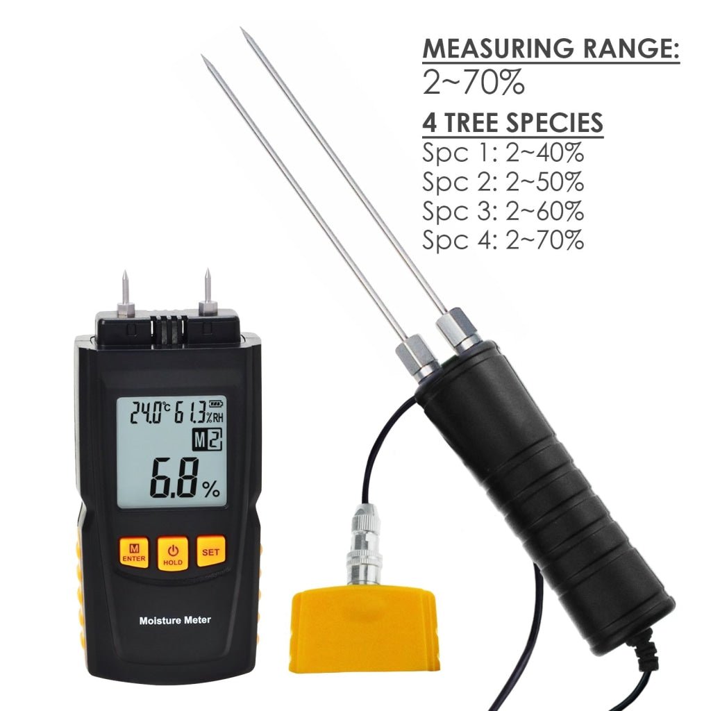 HTM - 41 HTM - 41 Digital Wood Moisture Meter 2~70% Humidity 20~90% RH Temperature - 10~60°C (14~140°F) Tester, Timber, Damp Detector Portable, Measure Water Percentage in Sheetrock, Bamboo, Paper, Soft Wood - Gain Express HTM - 41 HTM - 41 Digital Wood Moisture Meter 2~70% Humidity 20~90% RH Temperature - 10~60°C (14~140°F) Tester, Timber, Damp Detector Portable, Measure Water Percentage in Sheetrock, Bamboo, Paper, Soft Wood - Gain Express