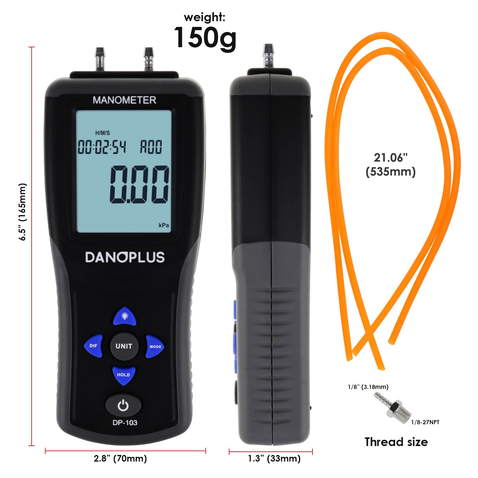 MAN - 334 MAN - 334 Digital Manometer Portable Air Vacuum / Gas Pressure Gauge Meter 12 Measurement Units with Backlight and Data storage Function Sing Pipe or Differential Pressure of 1 - 2 Pipes Detection - Gain Express