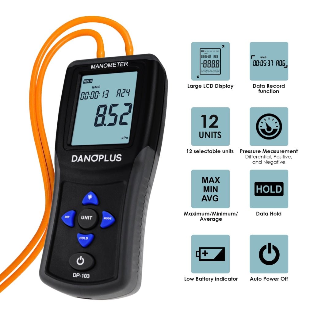 MAN - 334 MAN - 334 Digital Manometer Portable Air Vacuum / Gas Pressure Gauge Meter 12 Measurement Units with Backlight and Data storage Function Sing Pipe or Differential Pressure of 1 - 2 Pipes Detection - Gain Express