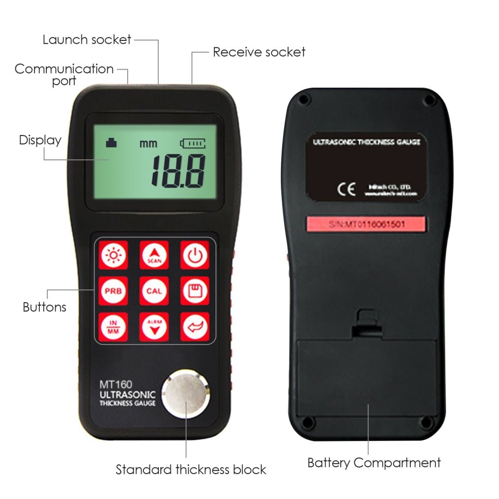 MT160 Digital Ultrasonic Metal Fiber Glass Thickness Gauge 0.75 ~ 300mm with USB Communication Port LCD with EL backlight Internal Memory Data - Gain Express