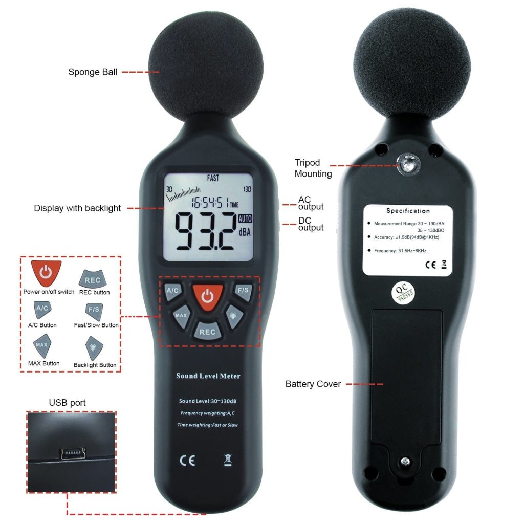 SLM - 25 Sound Level Meter with Backlit Display High Accuracy Measuring 30dB~130dB with Data Logging Function Instrument Compact Professional - Gain Express SLM - 25 Sound Level Meter with Backlit Display High Accuracy Measuring 30dB~130dB with Data Logging Function Instrument Compact Professional - Gain Express