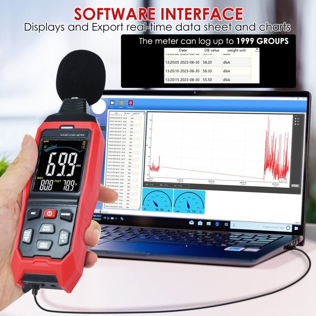 SLM - 390 Decibel Meter with Data Logging function and A / C / Z Weighted Sound Meter Portable SPL Meter MAX/MIN/AVG, Data Hold Use for Home, Factory, Noisy Neighbor - Gain Express SLM - 390 Decibel Meter with Data Logging function and A / C / Z Weighted Sound Meter Portable SPL Meter MAX/MIN/AVG, Data Hold Use for Home, Factory, Noisy Neighbor - Gain Express
