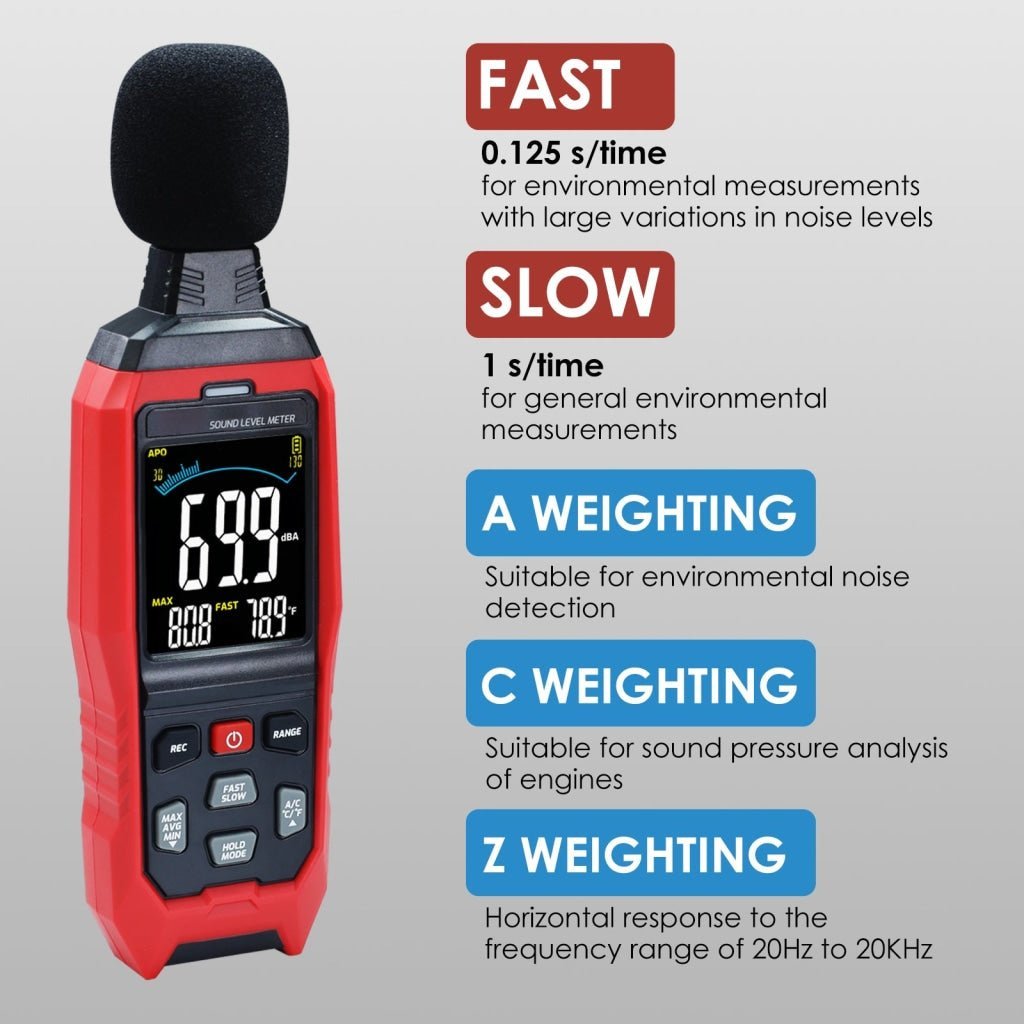 SLM - 390 Decibel Meter with Data Logging function and A / C / Z Weighted Sound Meter Portable SPL Meter MAX/MIN/AVG, Data Hold Use for Home, Factory, Noisy Neighbor - Gain Express SLM - 390 Decibel Meter with Data Logging function and A / C / Z Weighted Sound Meter Portable SPL Meter MAX/MIN/AVG, Data Hold Use for Home, Factory, Noisy Neighbor - Gain Express