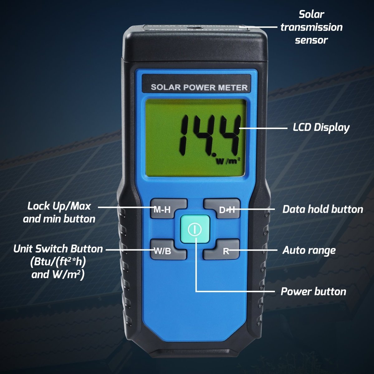 T206 Solar Power Meter BTU/(ft2*h) W/m2 Radiation Energy Cell Tester - Gain Express T206 Solar Power Meter BTU/(ft2*h) W/m2 Radiation Energy Cell Tester - Gain Express