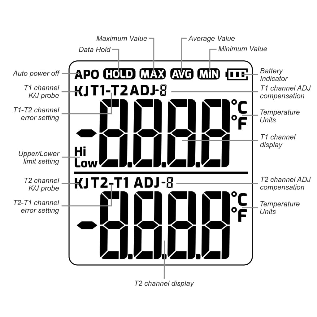 TA611B_R Dual Channel K/J Probe Thermocouple Thermometer T1 - T2 Channel Temperature Measurement - Gain Express TA611B_R Dual Channel K/J Probe Thermocouple Thermometer T1 - T2 Channel Temperature Measurement - Gain Express