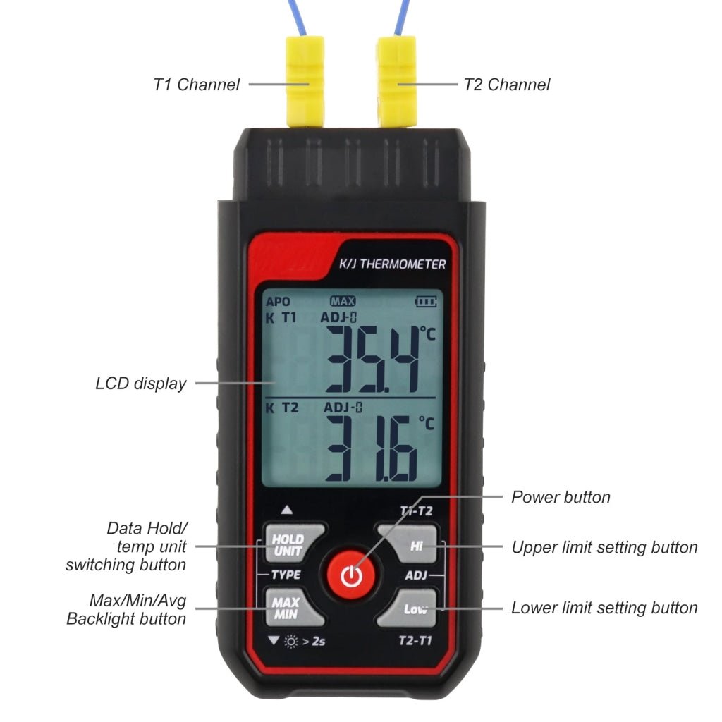 TA611B_R Dual Channel K/J Probe Thermocouple Thermometer T1 - T2 Channel Temperature Measurement - Gain Express TA611B_R Dual Channel K/J Probe Thermocouple Thermometer T1 - T2 Channel Temperature Measurement - Gain Express