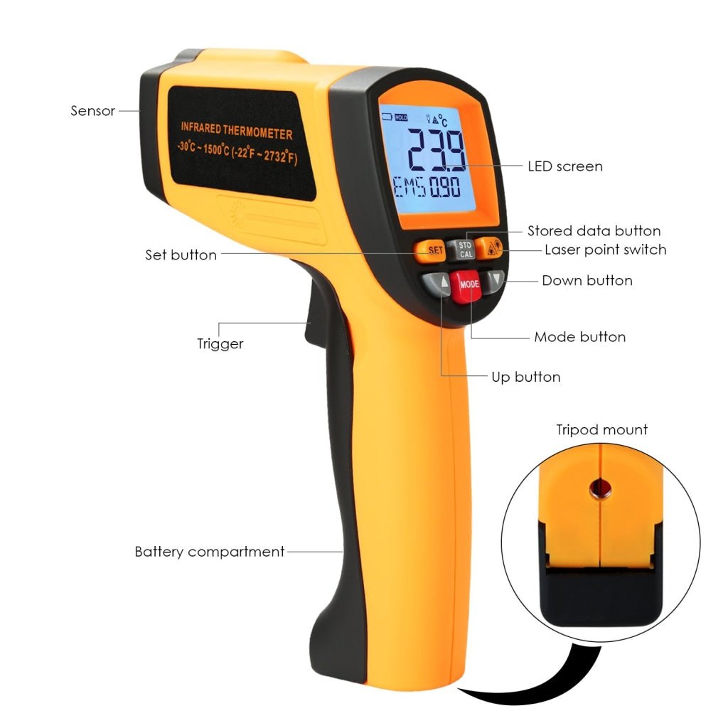 THE - 266 Lasergrip Non - Contact Digital Laser Infrared Gun Celsius and Fahrenheit High Temperature - 30℃~1500℃ ( - 22℉~2732℉) Thermometer IR Instant Read Temperature Adjustable Emissivity and 80 sets Data Storage - Gain Express THE - 266 Lasergrip Non - Contact Digital Laser Infrared Gun Celsius and Fahrenheit High Temperature - 30℃~1500℃ ( - 22℉~2732℉) Thermometer IR Instant Read Temperature Adjustable Emissivity and 80 sets Data Storage - Gain Express