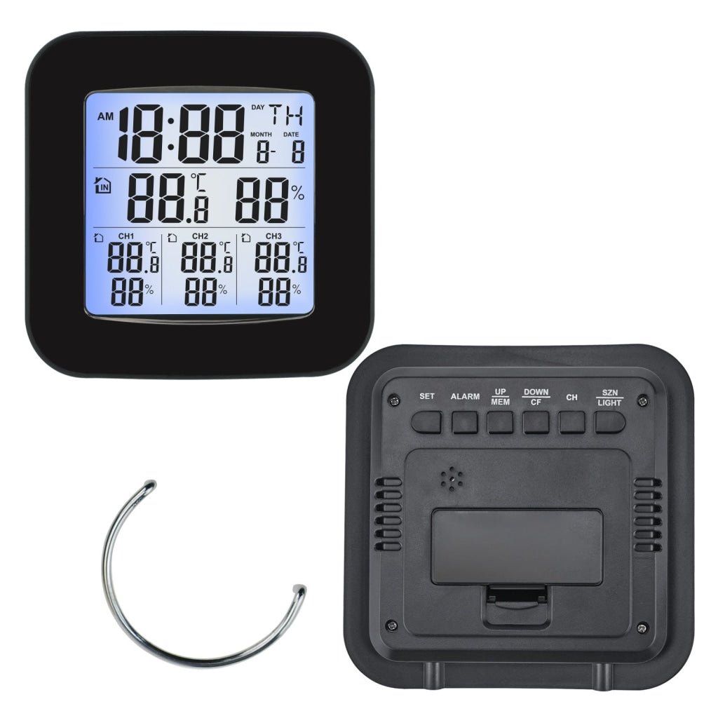 WEA - 46 Digital Weather Station with Thermometer and Hygrometer 3 Indoor/ Outdoor Wireless Sensors, Alarm Clock for Temperature and Humidity measurement - Gain Express WEA - 46 Digital Weather Station with Thermometer and Hygrometer 3 Indoor/ Outdoor Wireless Sensors, Alarm Clock for Temperature and Humidity measurement - Gain Express
