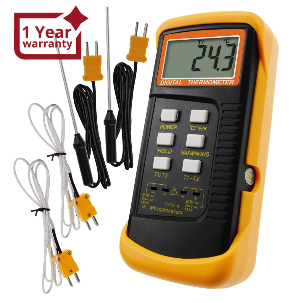 Digital 2 Channels K-Type Thermometer w/ 4 Thermocouples (Wired & Stainless Steel), -50~1300C (-58~2372F) Handheld Desktop High Temperature Kelvin