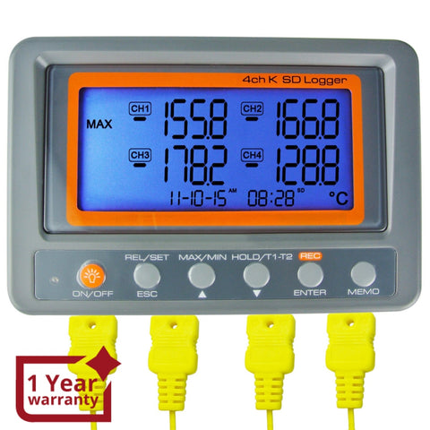 88598 Digital 4 Channels K-type Thermocouple Thermometer SD Card Logger High / Low Alarm Big LCD Display - Gain Express