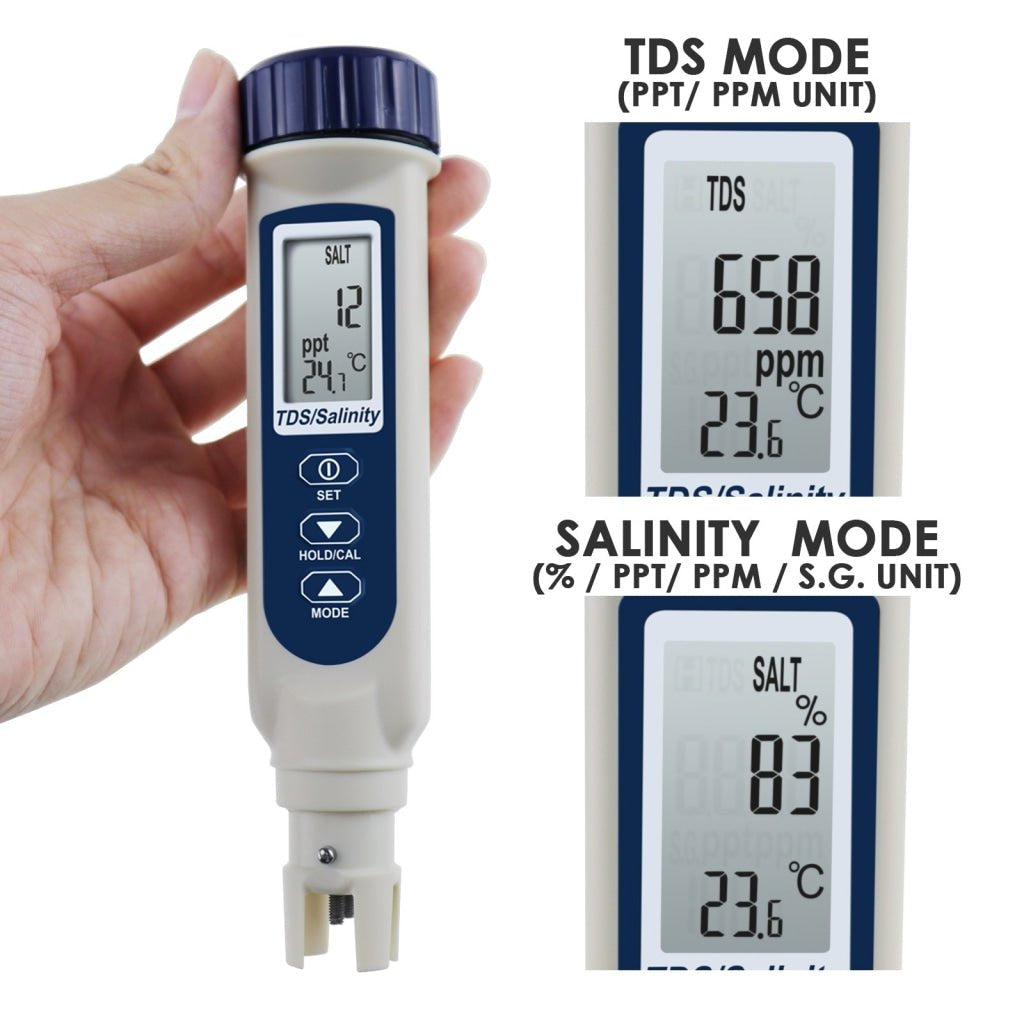 837 - 3 837 - 3 Pentype TDS / Salinity / Temperature Tester Water Quality Meter ATC Multiple Units (ppt, ppm, S.G., %, °C, °F) Digital Tool for Saltwater Monitoring & Testing IP65 Waterproof Housing - Gain Express