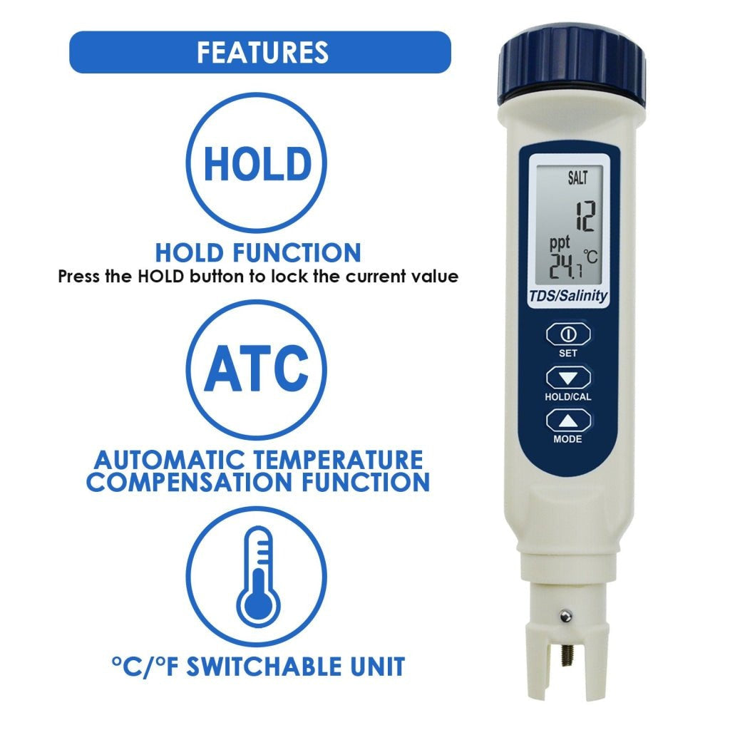 837 - 3 837 - 3 Pentype TDS / Salinity / Temperature Tester Water Quality Meter ATC Multiple Units (ppt, ppm, S.G., %, °C, °F) Digital Tool for Saltwater Monitoring & Testing IP65 Waterproof Housing - Gain Express