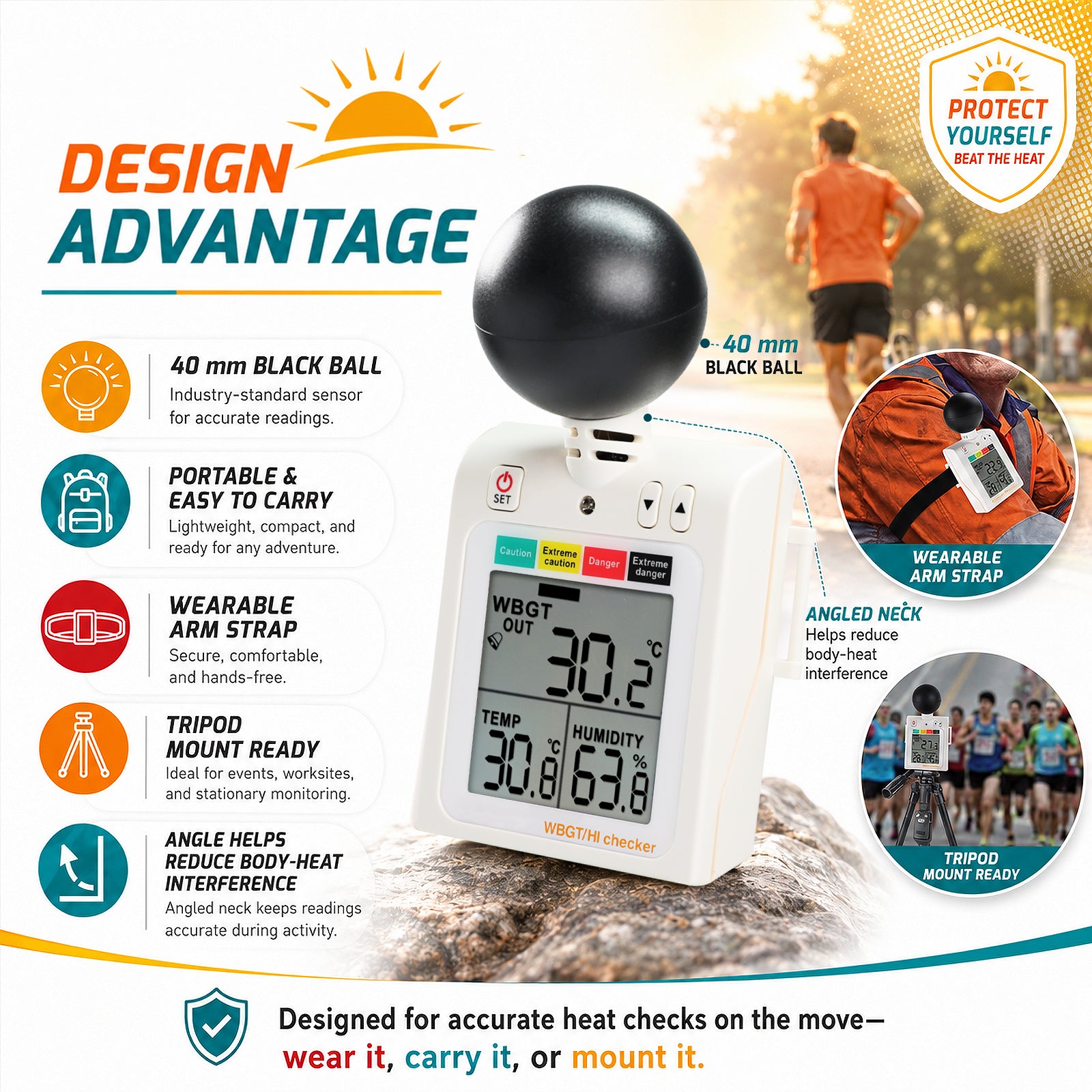 87784 Wearable 2-in-1 WBGT + HI Heat Index Checker Wet Bulb Globe Temperature Heat Stress Meter Air Globe Temperature Humidity Tester with Dangerous Level Indicator Audible Alarm