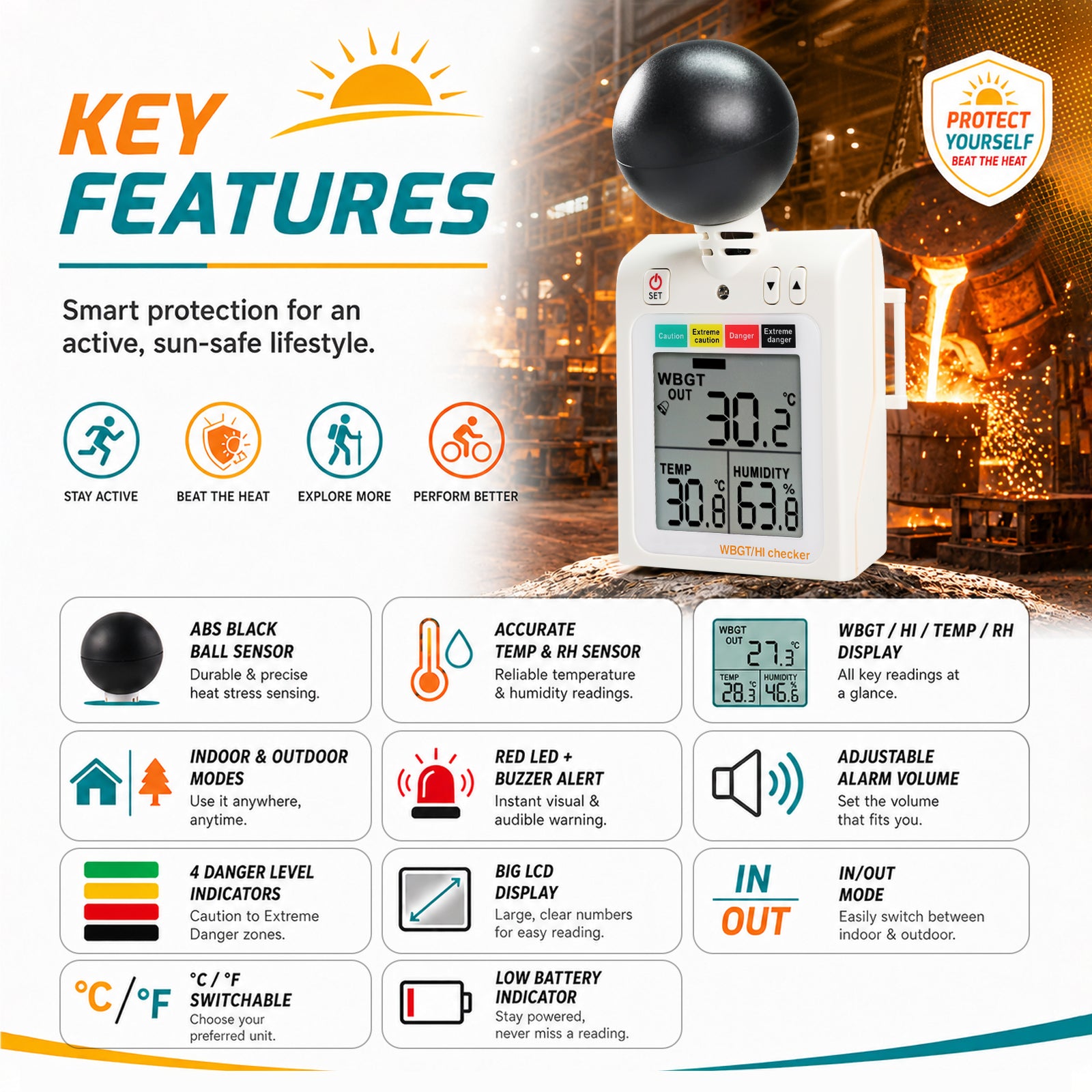 87784 Wearable 2-in-1 WBGT + HI Heat Index Checker Wet Bulb Globe Temperature Heat Stress Meter Air Globe Temperature Humidity Tester with Dangerous Level Indicator Audible Alarm