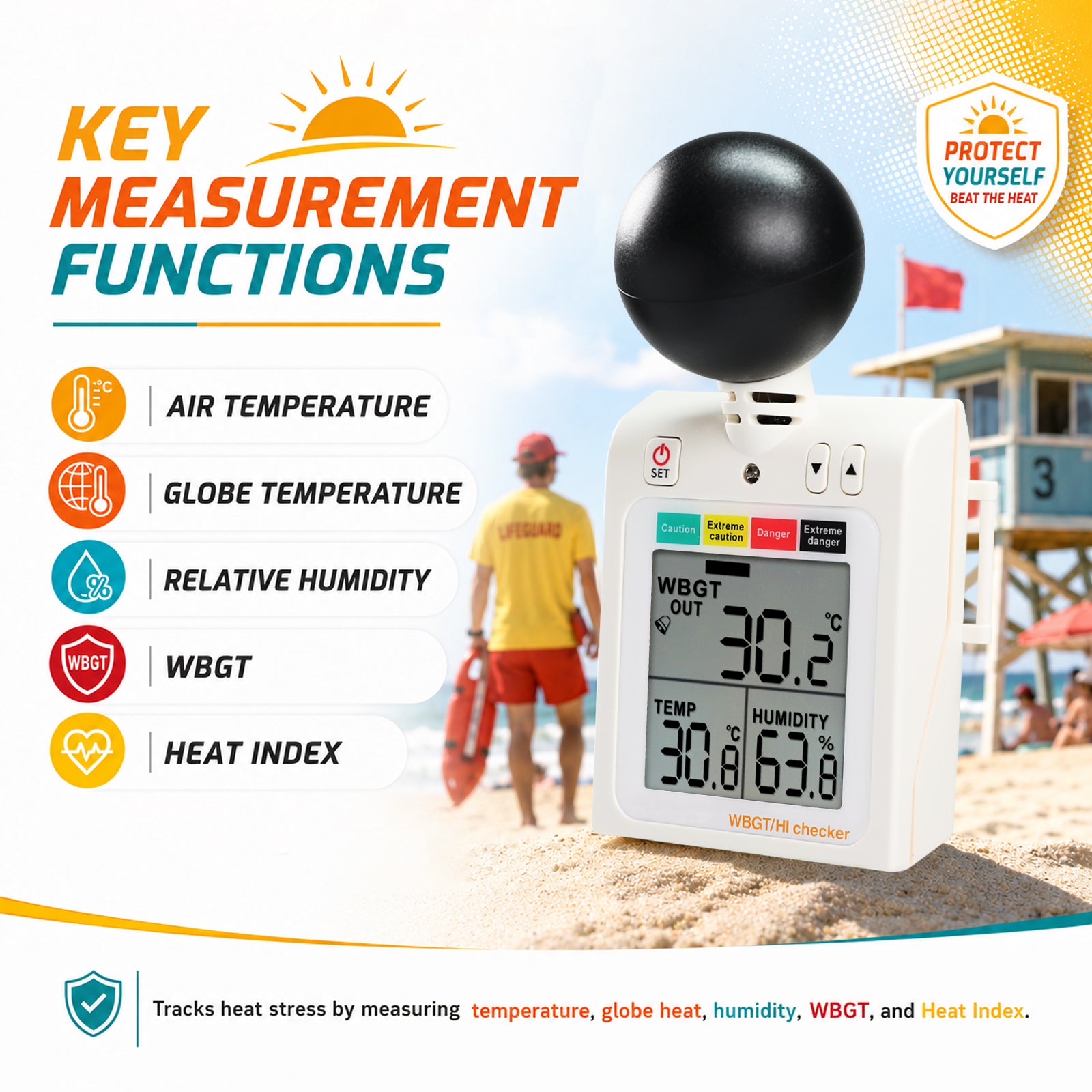 87784 Wearable 2-in-1 WBGT + HI Heat Index Checker Wet Bulb Globe Temperature Heat Stress Meter Air Globe Temperature Humidity Tester with Dangerous Level Indicator Audible Alarm