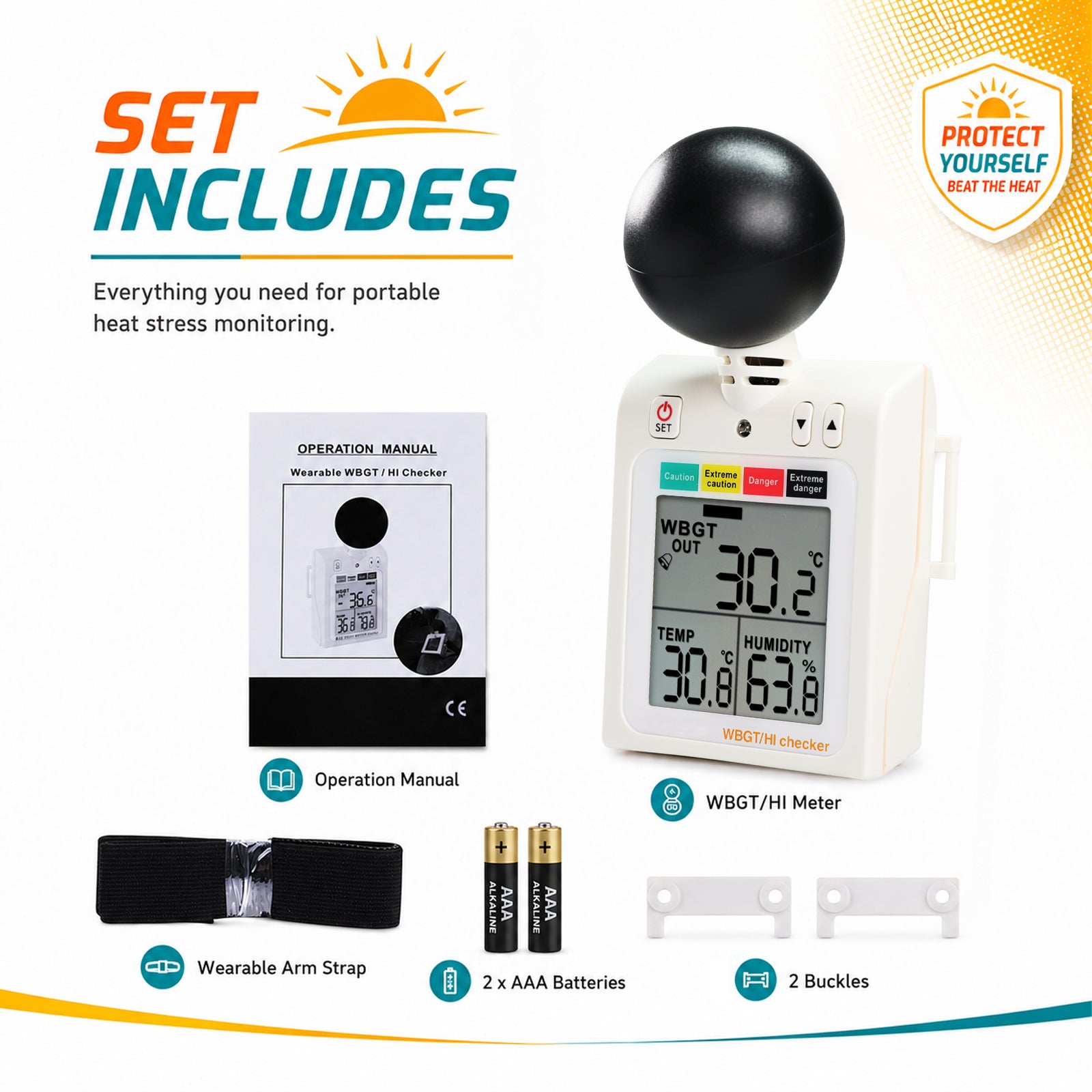87784 Wearable 2-in-1 WBGT + HI Heat Index Checker Wet Bulb Globe Temperature Heat Stress Meter Air Globe Temperature Humidity Tester with Dangerous Level Indicator Audible Alarm