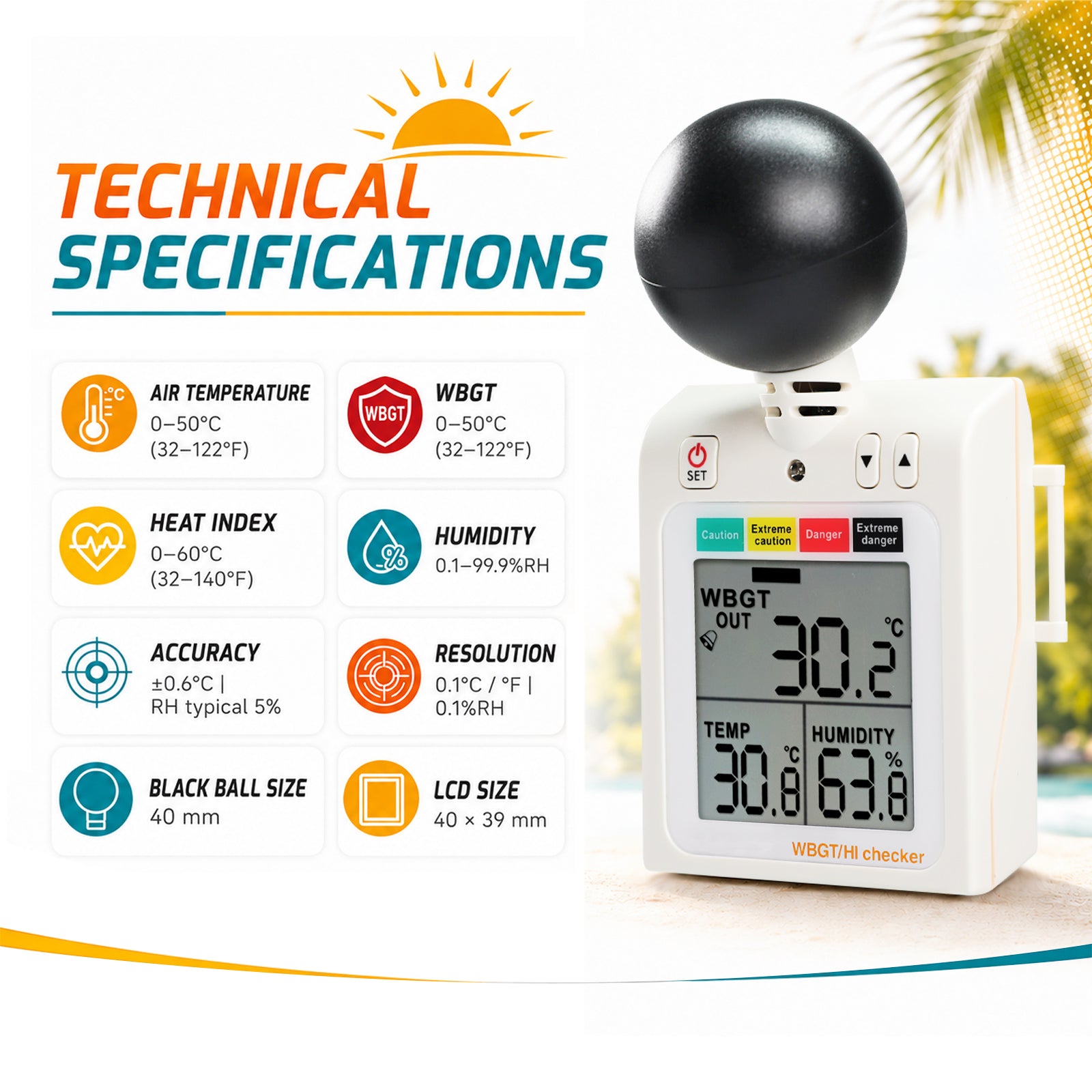 87784 Wearable 2-in-1 WBGT + HI Heat Index Checker Wet Bulb Globe Temperature Heat Stress Meter Air Globe Temperature Humidity Tester with Dangerous Level Indicator Audible Alarm