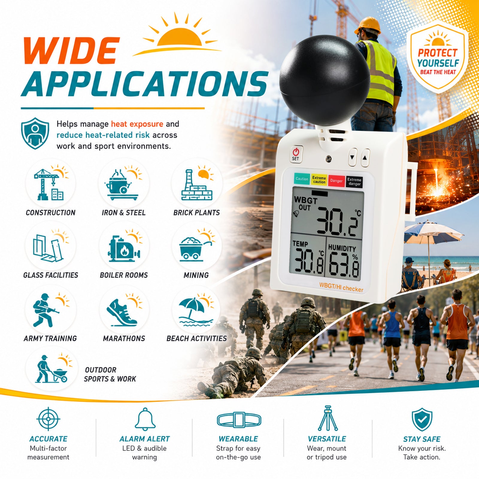 87784 Wearable 2-in-1 WBGT + HI Heat Index Checker Wet Bulb Globe Temperature Heat Stress Meter Air Globe Temperature Humidity Tester with Dangerous Level Indicator Audible Alarm