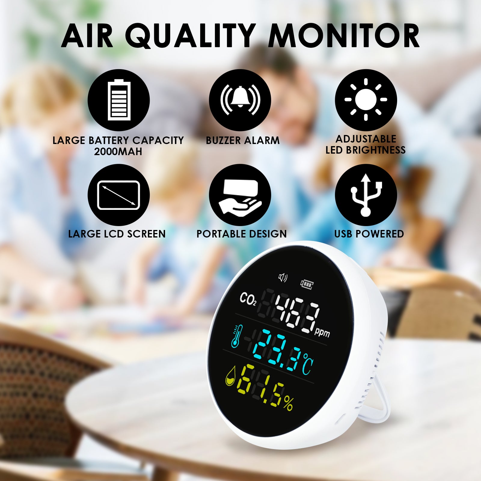 AQM-396 Carbon Dioxide CO2 Monitor Wall Mount Indoor Air Quality Meter Temperature Humidity Tester Colored Large Screen Display with Alarm 400~5000PPM NDIR Sensor