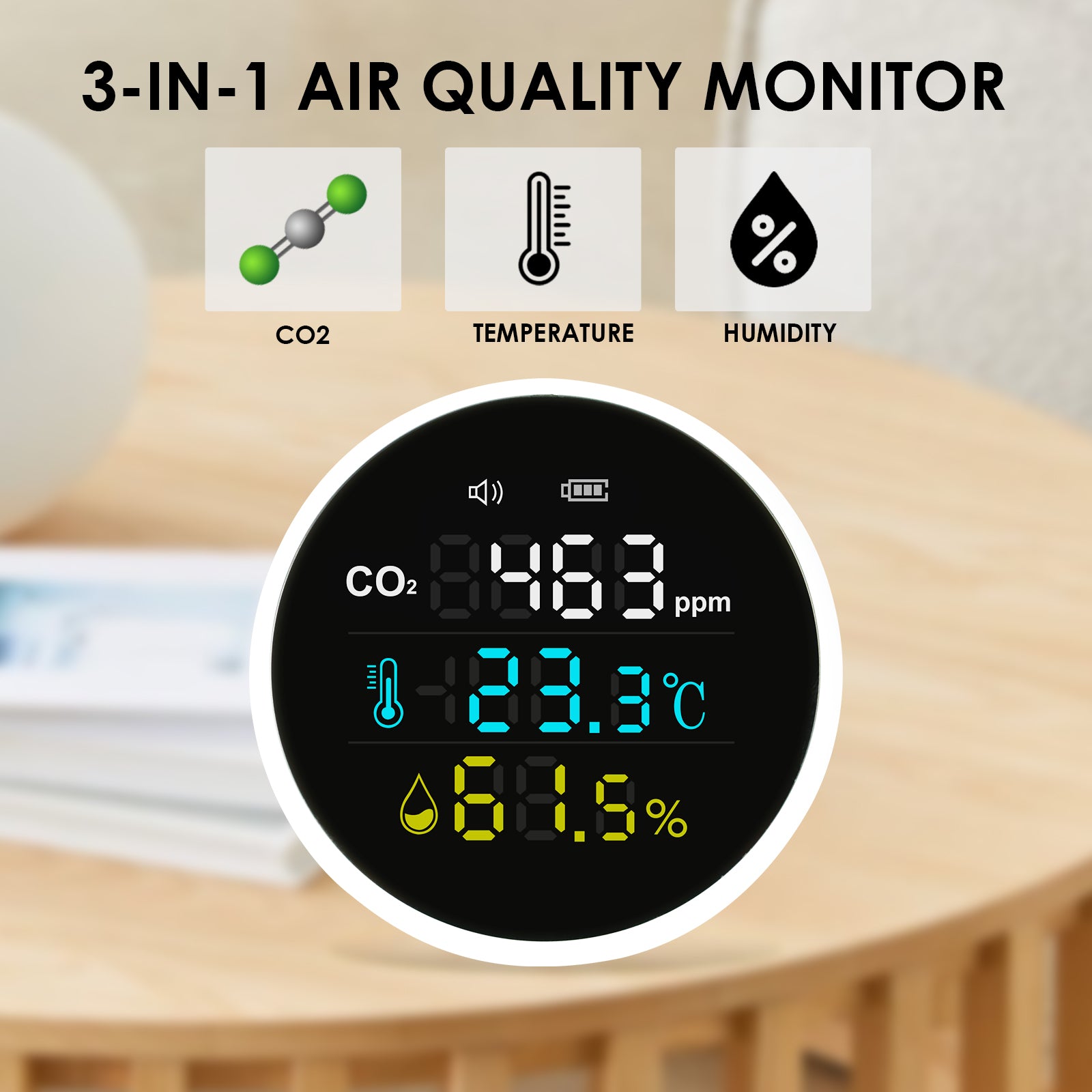 AQM-396 Carbon Dioxide CO2 Monitor Wall Mount Indoor Air Quality Meter Temperature Humidity Tester Colored Large Screen Display with Alarm 400~5000PPM NDIR Sensor