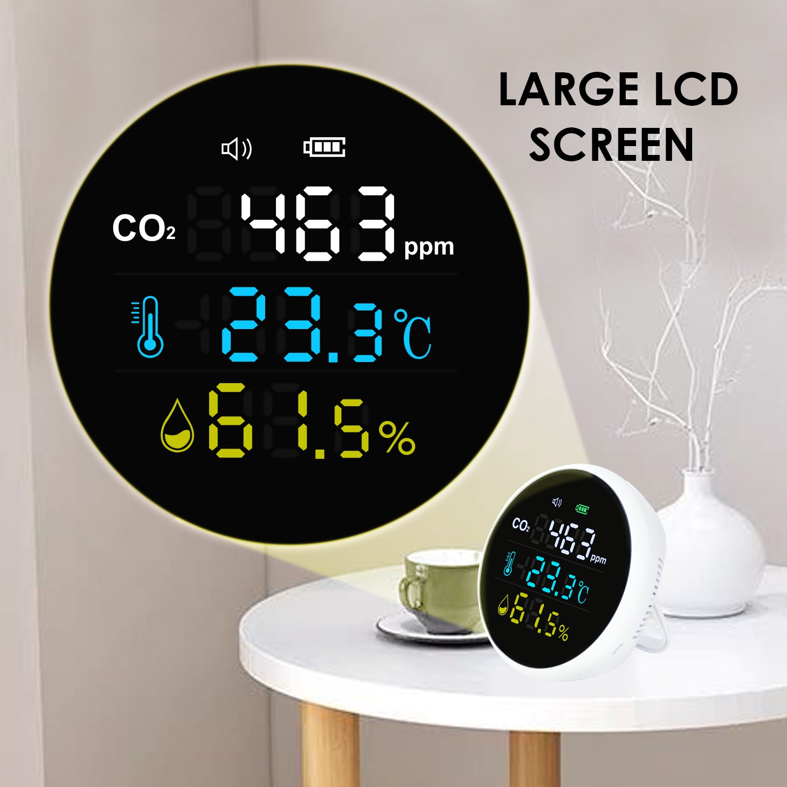 AQM-396 Carbon Dioxide CO2 Monitor Wall Mount Indoor Air Quality Meter Temperature Humidity Tester Colored Large Screen Display with Alarm 400~5000PPM NDIR Sensor