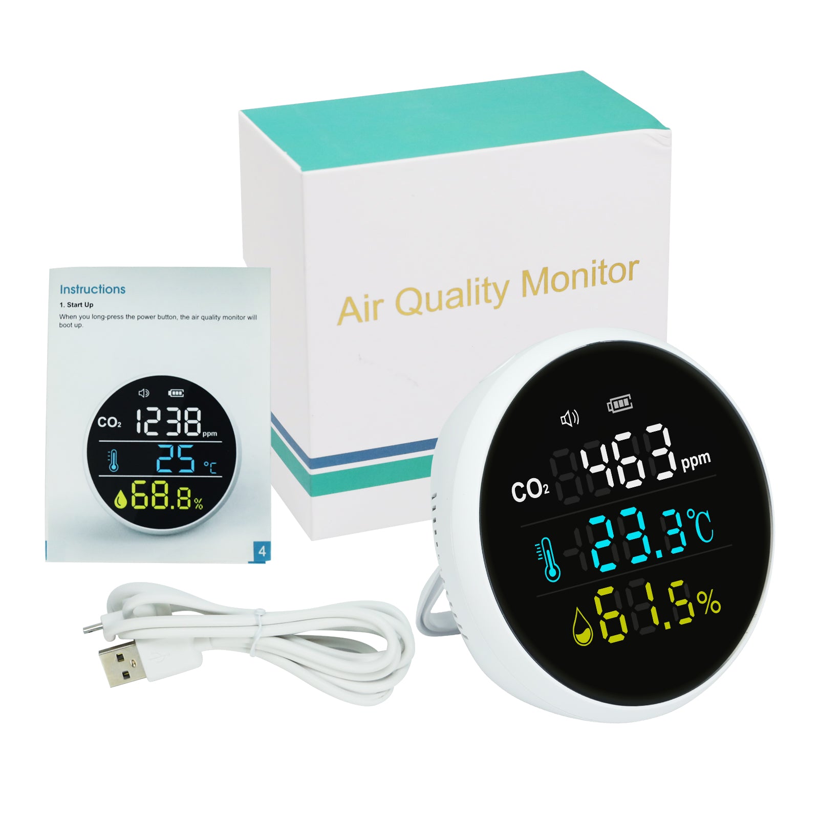 AQM-396 Carbon Dioxide CO2 Monitor Wall Mount Indoor Air Quality Meter Temperature Humidity Tester Colored Large Screen Display with Alarm 400~5000PPM NDIR Sensor
