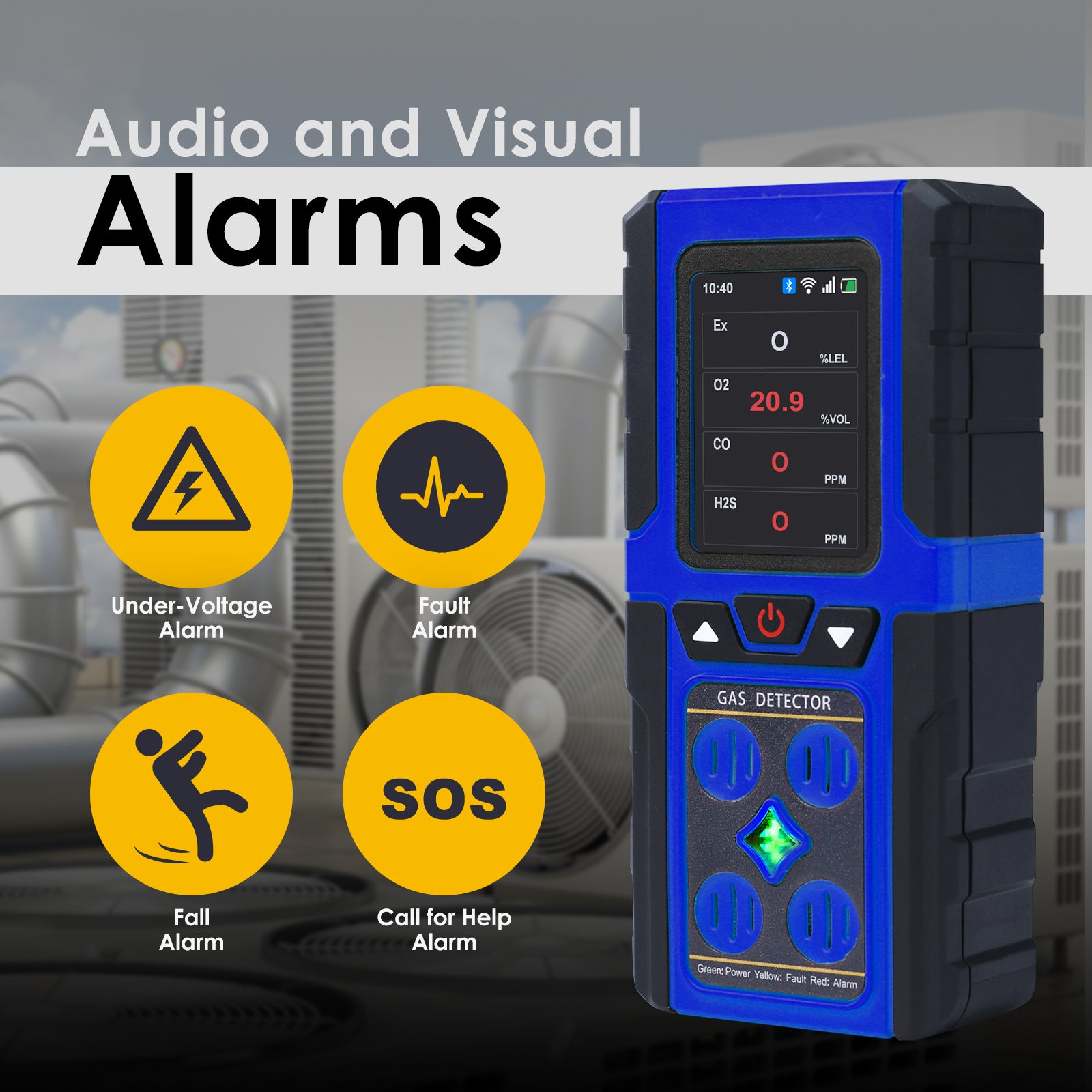 AQM-434 Gas Leak Detector 4-in-1 H2S|EX|O2|CO Tester Analyzer Instant Alerts Audible, Light, Vibration Alarm Natural Methane Gas Detector IP68 with Data Storage Portable Rechargeable