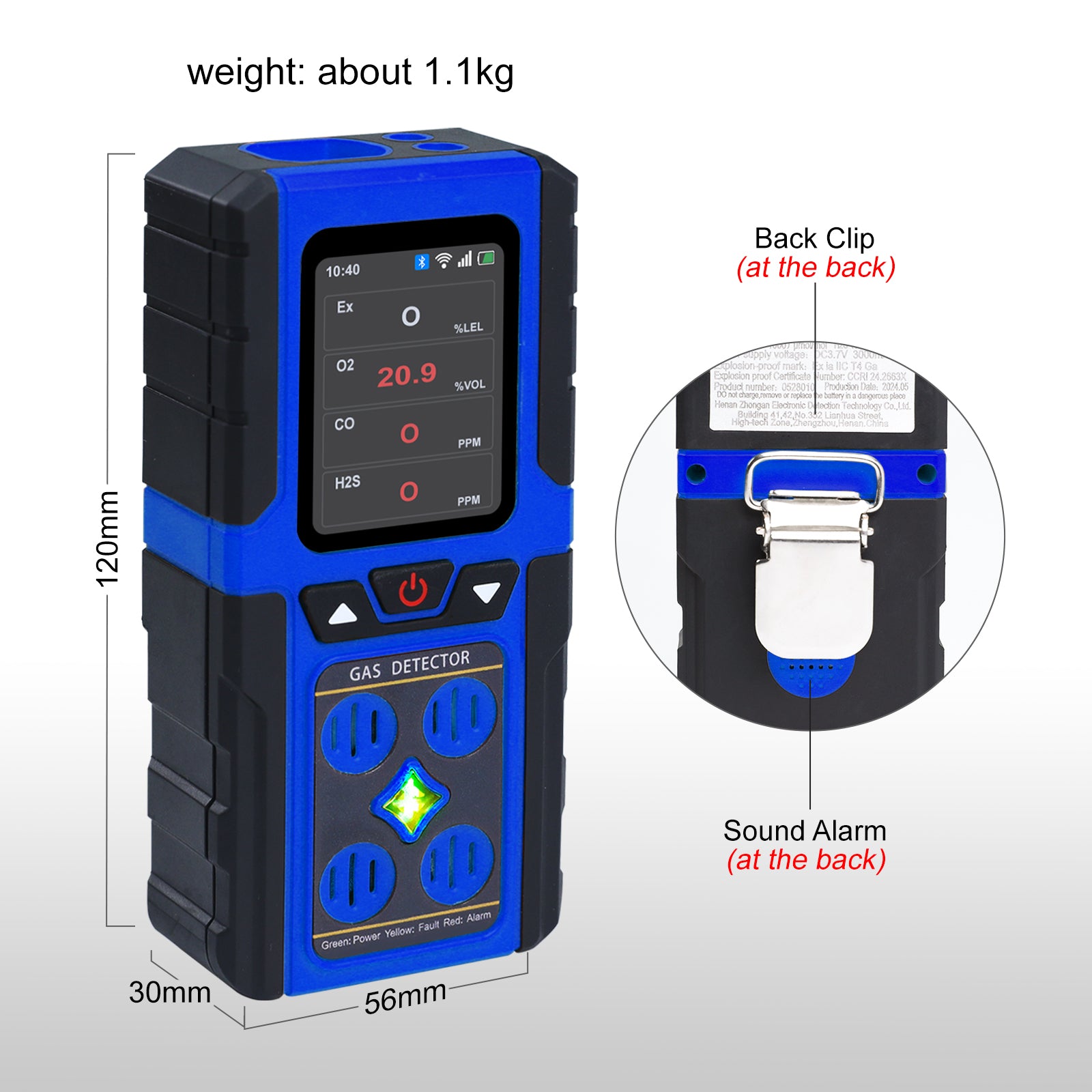 AQM-434 Gas Leak Detector 4-in-1 H2S|EX|O2|CO Tester Analyzer Instant Alerts Audible, Light, Vibration Alarm Natural Methane Gas Detector IP68 with Data Storage Portable Rechargeable