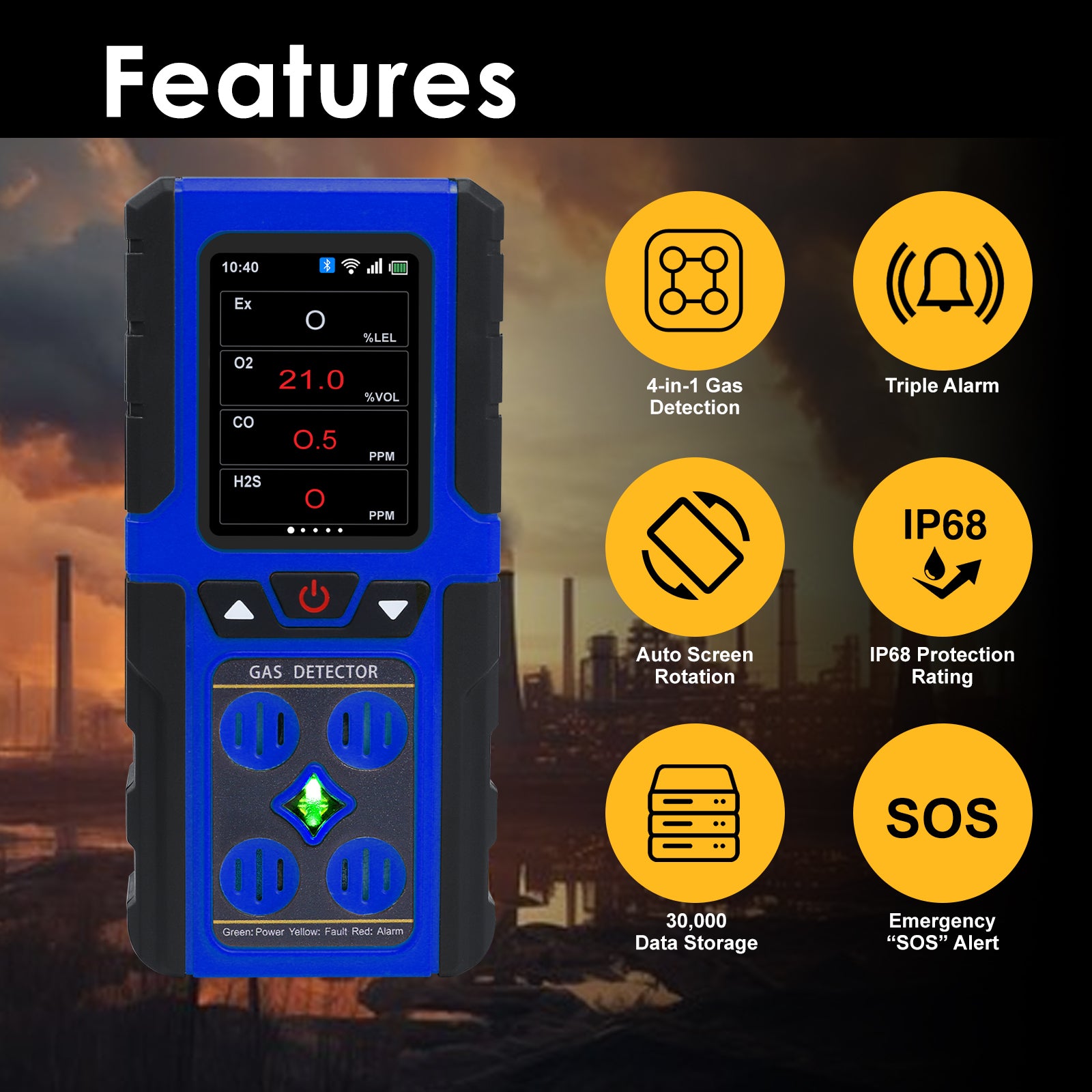 AQM-434 Gas Leak Detector 4-in-1 H2S|EX|O2|CO Tester Analyzer Instant Alerts Audible, Light, Vibration Alarm Natural Methane Gas Detector IP68 with Data Storage Portable Rechargeable