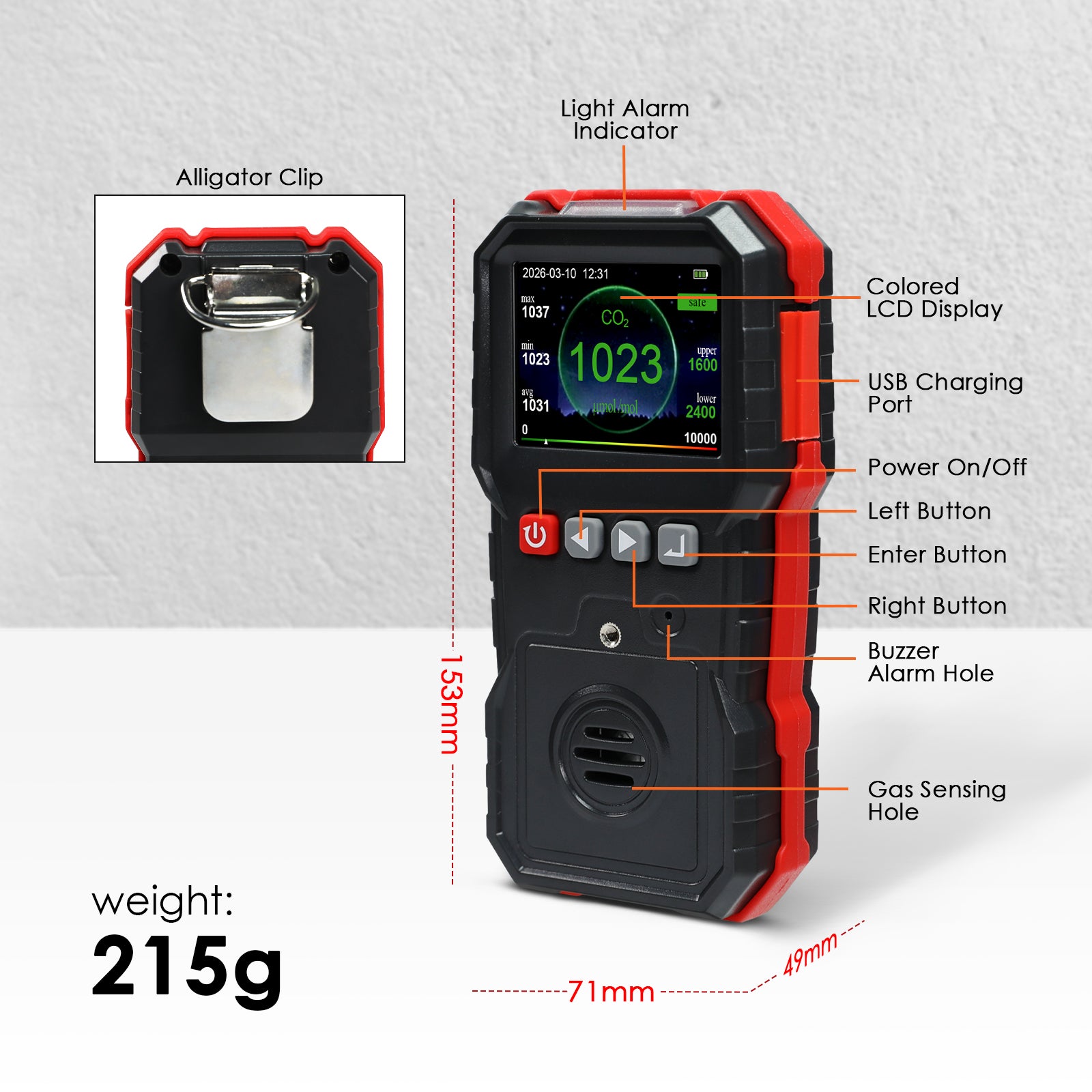 AQM-551 Portable CO2 Detector Carbon Dioxide Gas Monitor 0~10000ppm with Alarm Indicator, 7605 Data Logging Capacity, Color Display, USB Rechargeable IAQ Analyzer for Petroleum Industry, Metallurgy Laboratory & Scientific Research