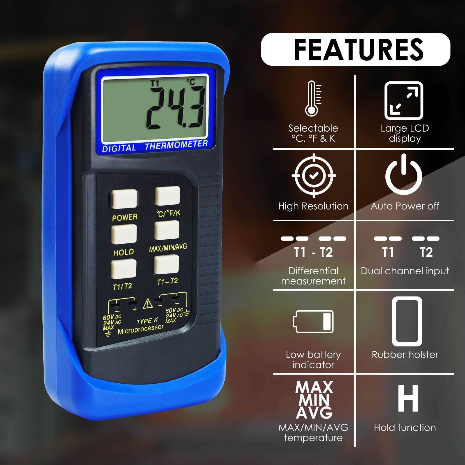 68022_2P Digital 2 Channels K-Type Thermometer w/ 4 Thermocouples (Wired & Stainless Steel), -50~1300°C (-58~2372°F) Handheld Desktop High Temperature Kelvin Scale Dual Measurement Meter Sensor