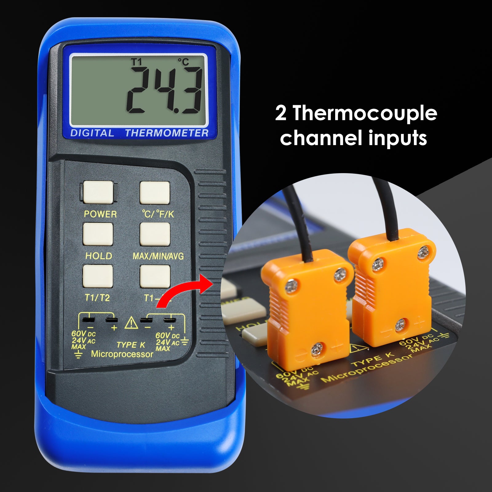 68022 Digital 2 Channels K-Type Thermometer 2 Thermocouples -50~1300°C (-58~2372°F) Handheld High Temperature Kelvin Scale Dual Measurement Meter Sensor
