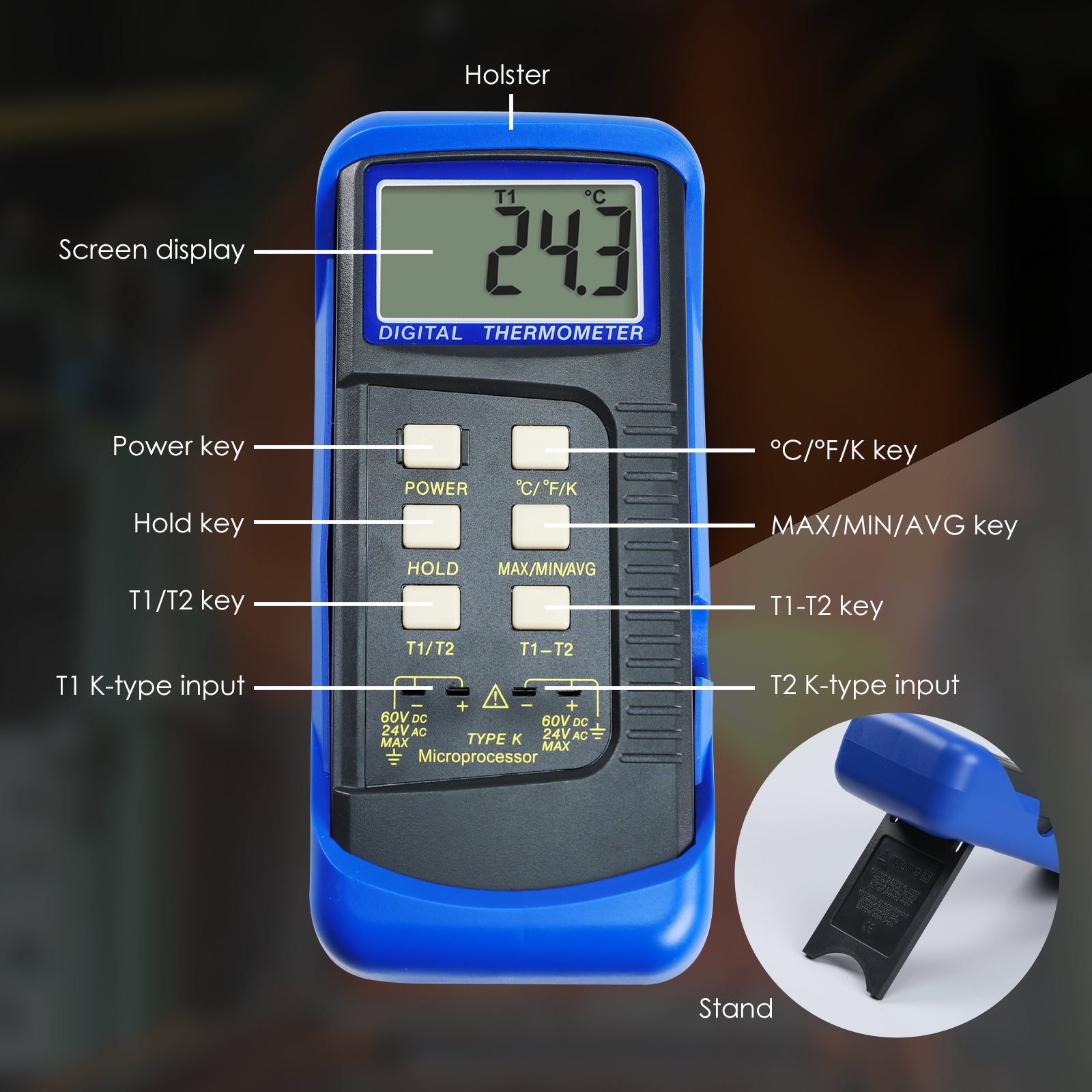 68022 Digital 2 Channels K-Type Thermometer 2 Thermocouples -50~1300°C (-58~2372°F) Handheld High Temperature Kelvin Scale Dual Measurement Meter Sensor