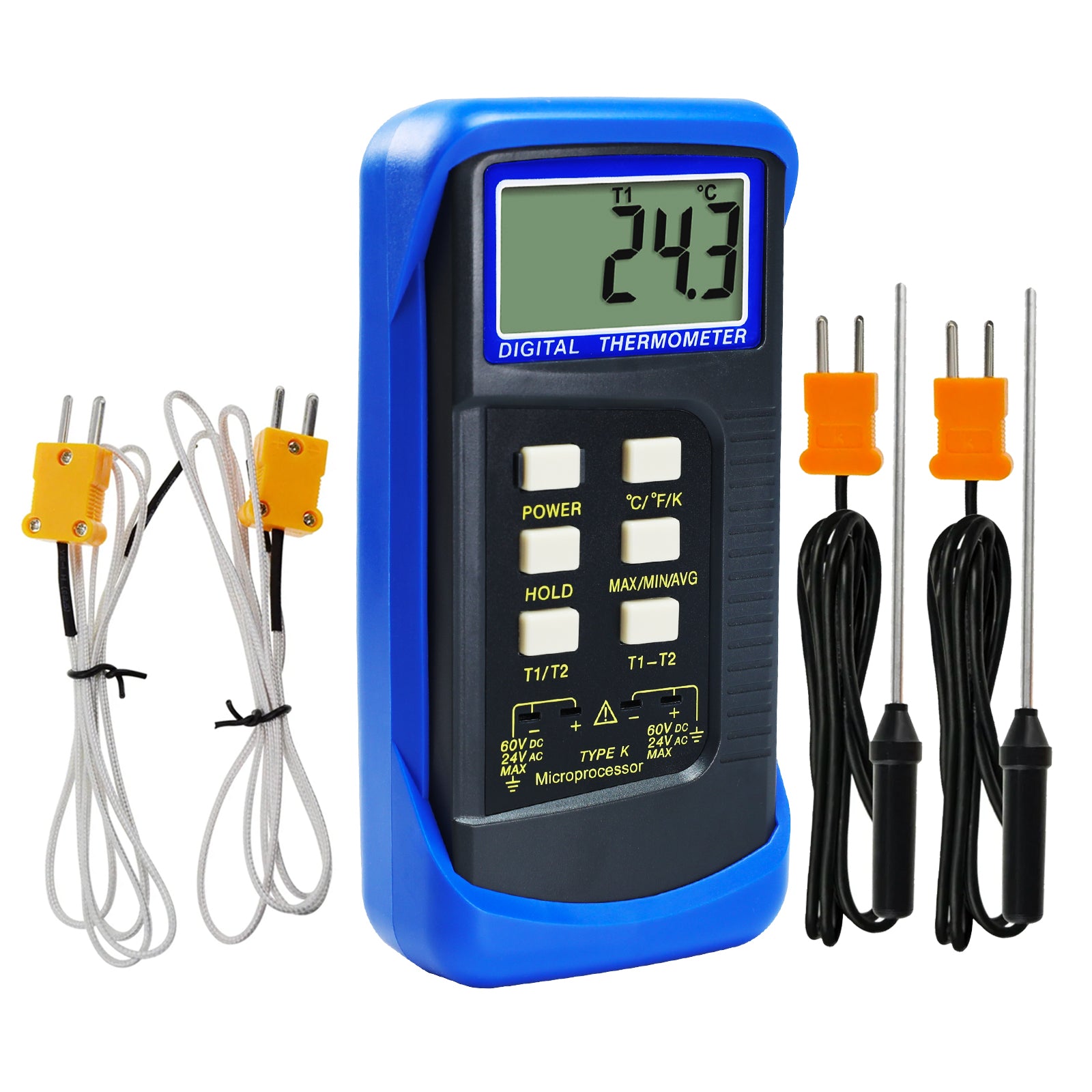 68022_2P Digital 2 Channels K-Type Thermometer w/ 4 Thermocouples (Wired & Stainless Steel), -50~1300°C (-58~2372°F) Handheld Desktop High Temperature Kelvin Scale Dual Measurement Meter Sensor
