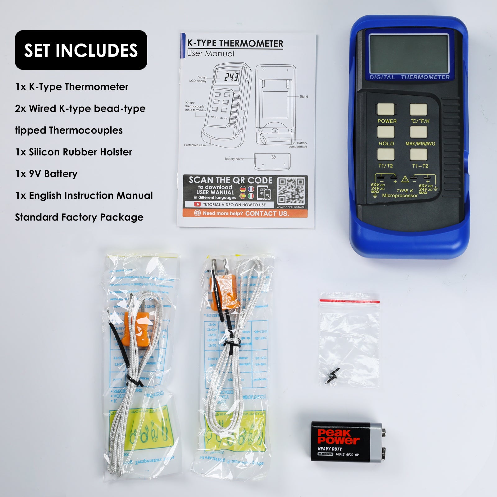 68022 Digital 2 Channels K-Type Thermometer 2 Thermocouples -50~1300°C (-58~2372°F) Handheld High Temperature Kelvin Scale Dual Measurement Meter Sensor