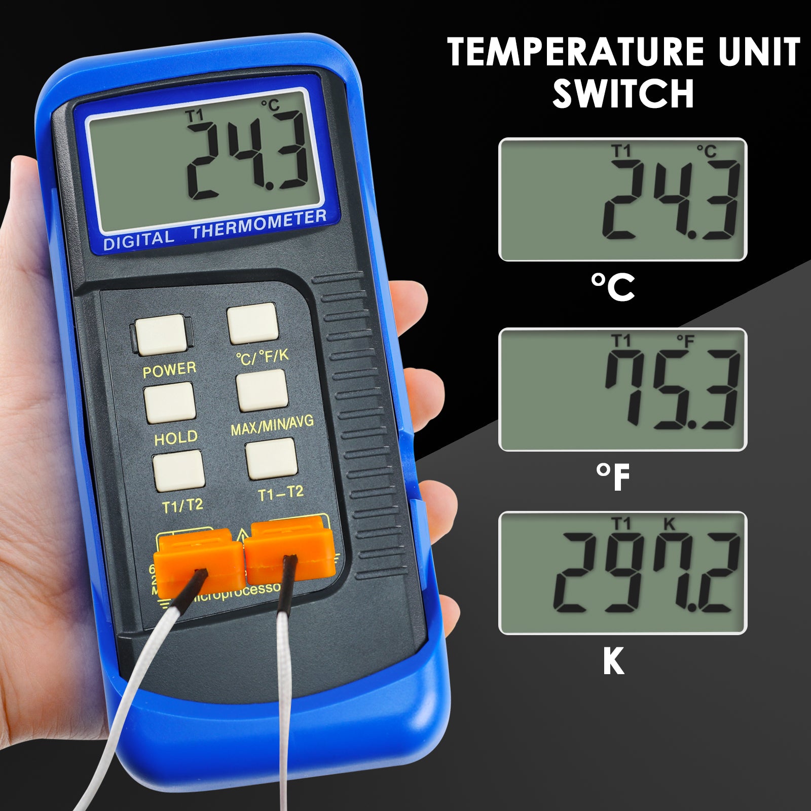 68022 Digital 2 Channels K-Type Thermometer 2 Thermocouples -50~1300°C (-58~2372°F) Handheld High Temperature Kelvin Scale Dual Measurement Meter Sensor