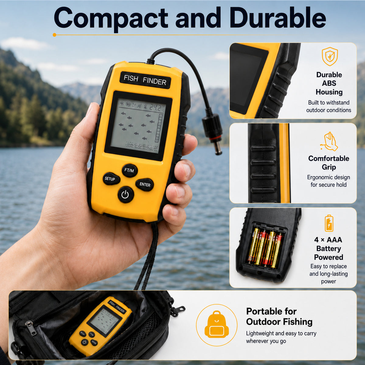 FFW-572 Portable Fish Finder, Wired Sonar Fish Depth Finder with 25ft Cable, Floating Transducer, LCD Display & Backlight for Boat, Kayak, Ice Fishing, Lake & Sea