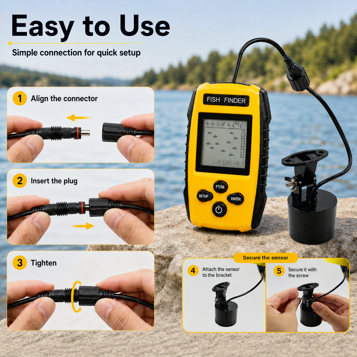 FFW-572 Portable Fish Finder, Wired Sonar Fish Depth Finder with 25ft Cable, Floating Transducer, LCD Display & Backlight for Boat, Kayak, Ice Fishing, Lake & Sea