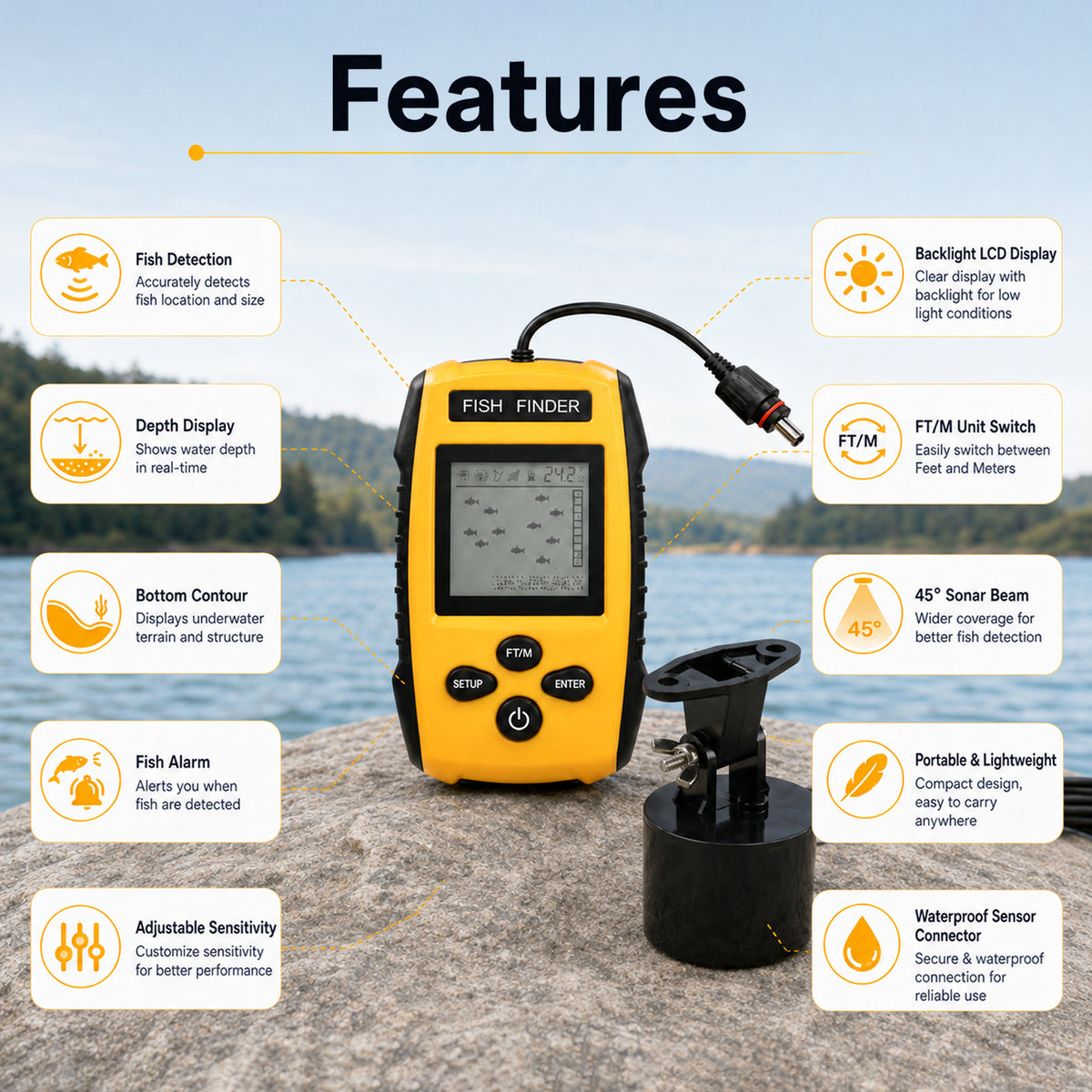 FFW-572 Portable Fish Finder, Wired Sonar Fish Depth Finder with 25ft Cable, Floating Transducer, LCD Display & Backlight for Boat, Kayak, Ice Fishing, Lake & Sea