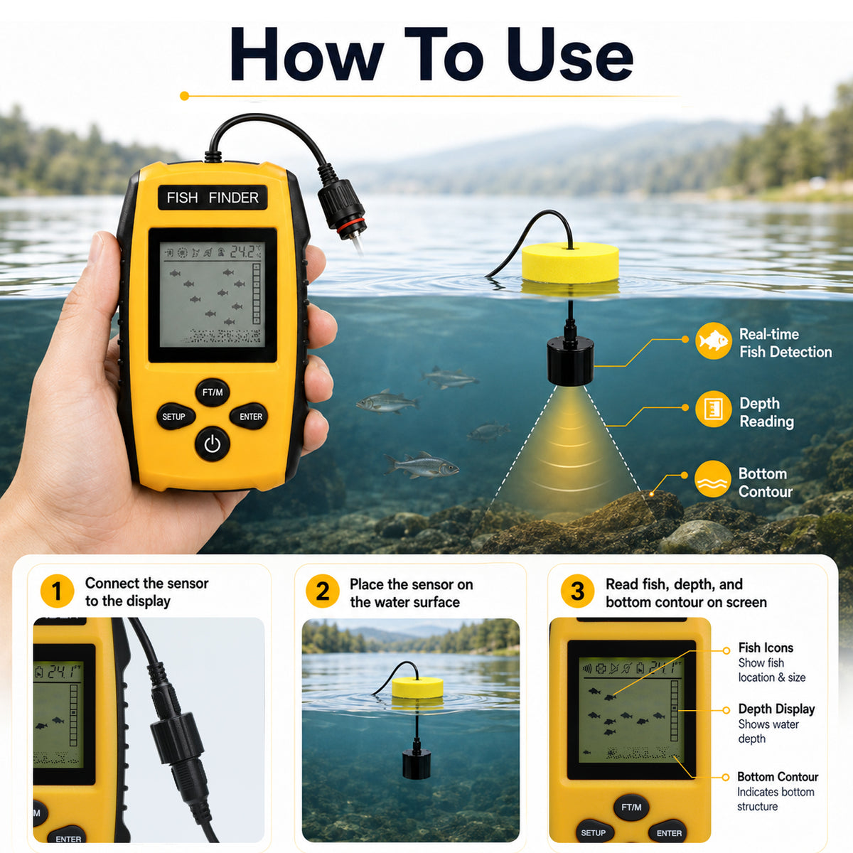 FFW-572 Portable Fish Finder, Wired Sonar Fish Depth Finder with 25ft Cable, Floating Transducer, LCD Display & Backlight for Boat, Kayak, Ice Fishing, Lake & Sea