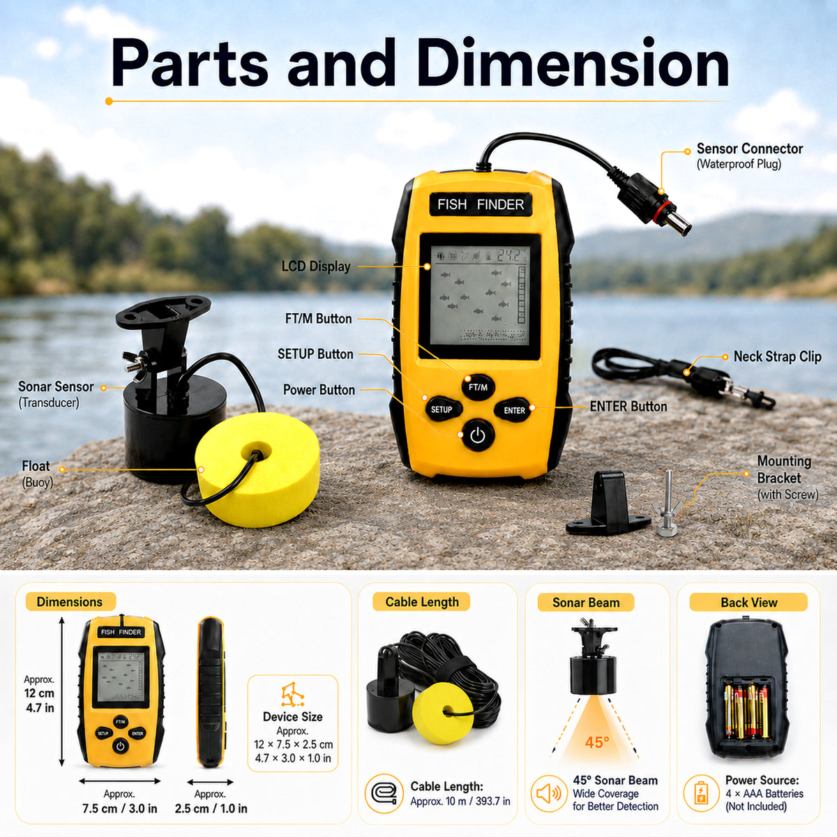 FFW-572 Portable Fish Finder, Wired Sonar Fish Depth Finder with 25ft Cable, Floating Transducer, LCD Display & Backlight for Boat, Kayak, Ice Fishing, Lake & Sea