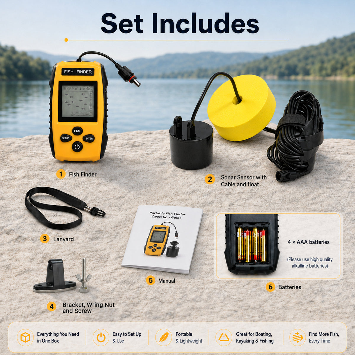 FFW-572 Portable Fish Finder, Wired Sonar Fish Depth Finder with 25ft Cable, Floating Transducer, LCD Display & Backlight for Boat, Kayak, Ice Fishing, Lake & Sea