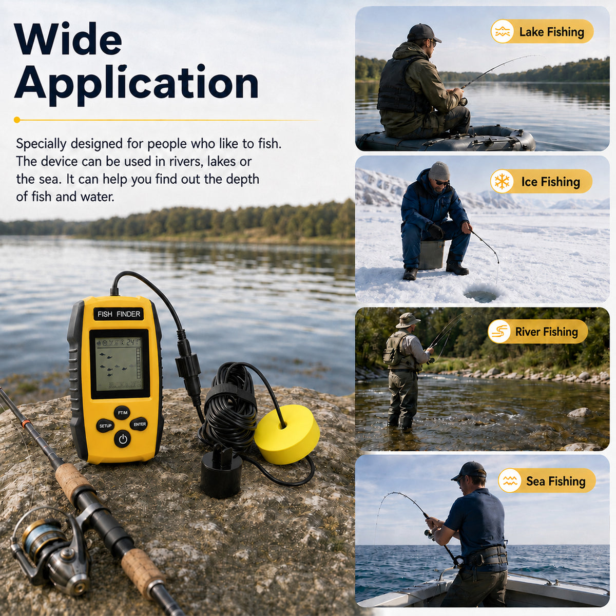 FFW-572 Portable Fish Finder, Wired Sonar Fish Depth Finder with 25ft Cable, Floating Transducer, LCD Display & Backlight for Boat, Kayak, Ice Fishing, Lake & Sea