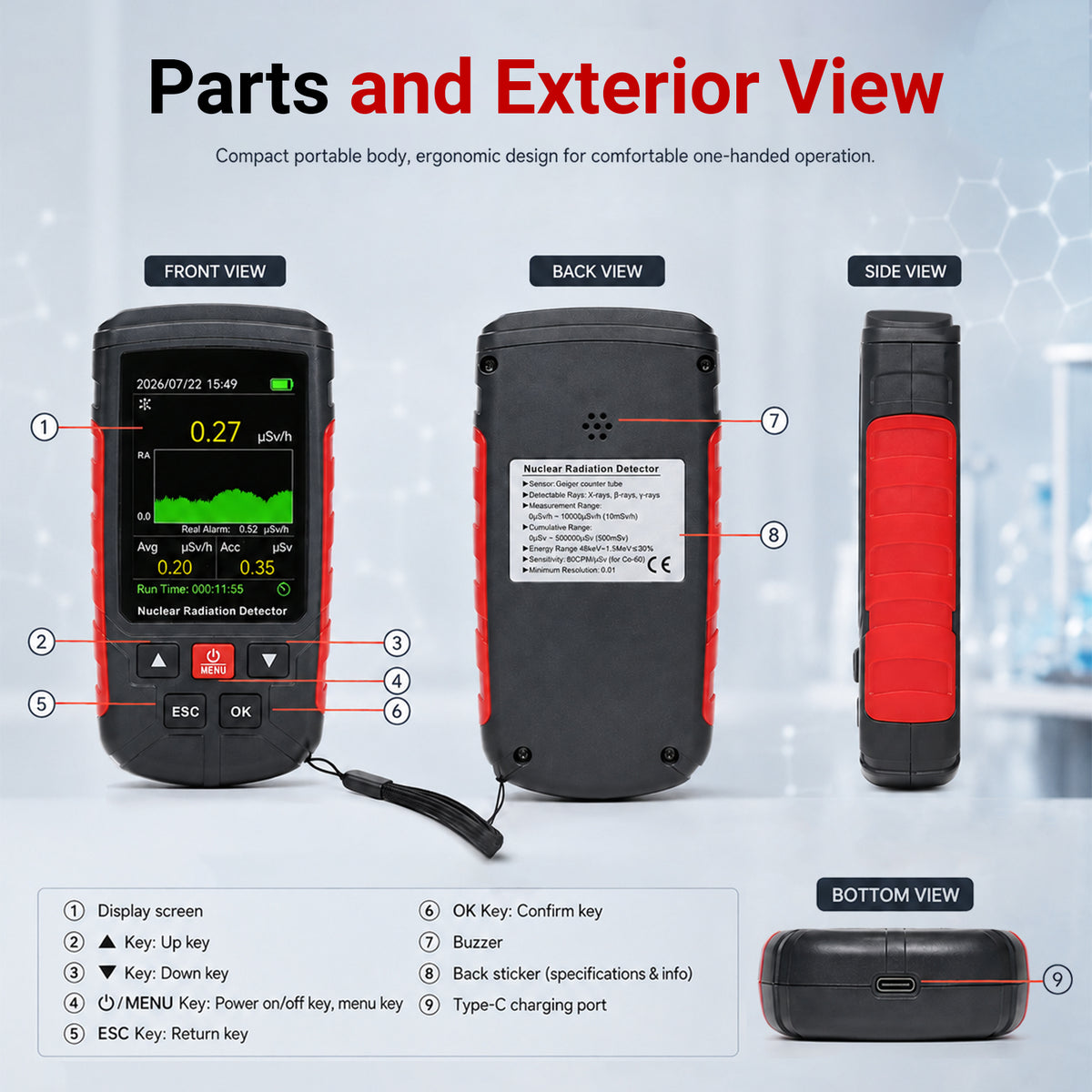 GAM-571 Digital Geiger Counter Nuclear Radiation Detector X-ray Gamma Beta Meter with LCD Alarm, Real-time Data Tracking for Geological Surveys, Nuclear Power Plants, Chemical Laboratories, Outdoor environments